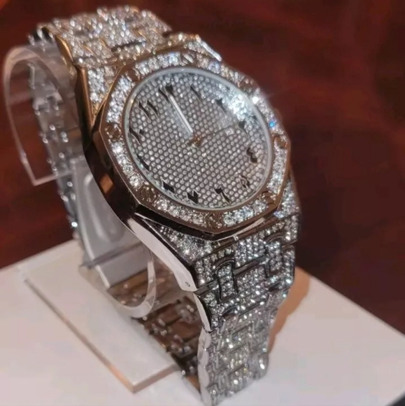 Men's Iced Simulated Diamond CZ Silverplated Alloy Arabic Numeral Quartz Watch - Picture 5 of 16